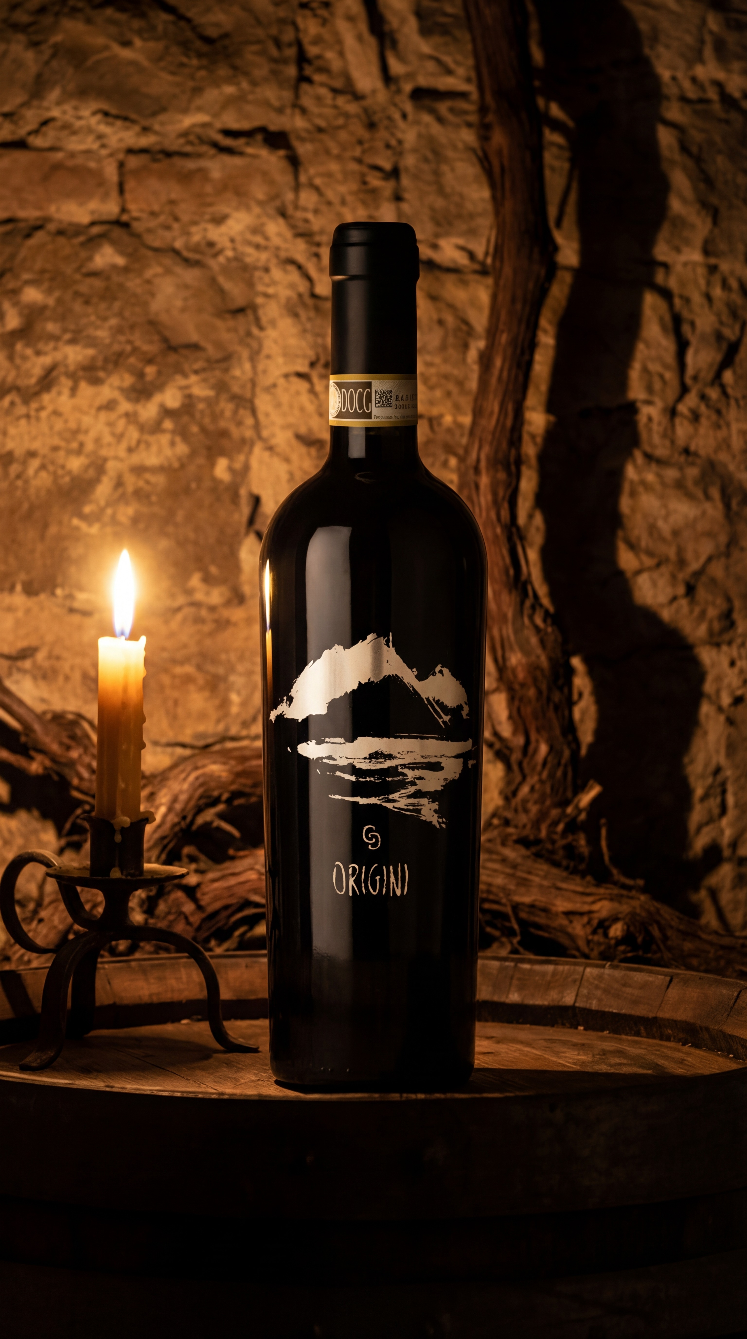 Bottiglia Origini in ambiente roccioso con candela laterale