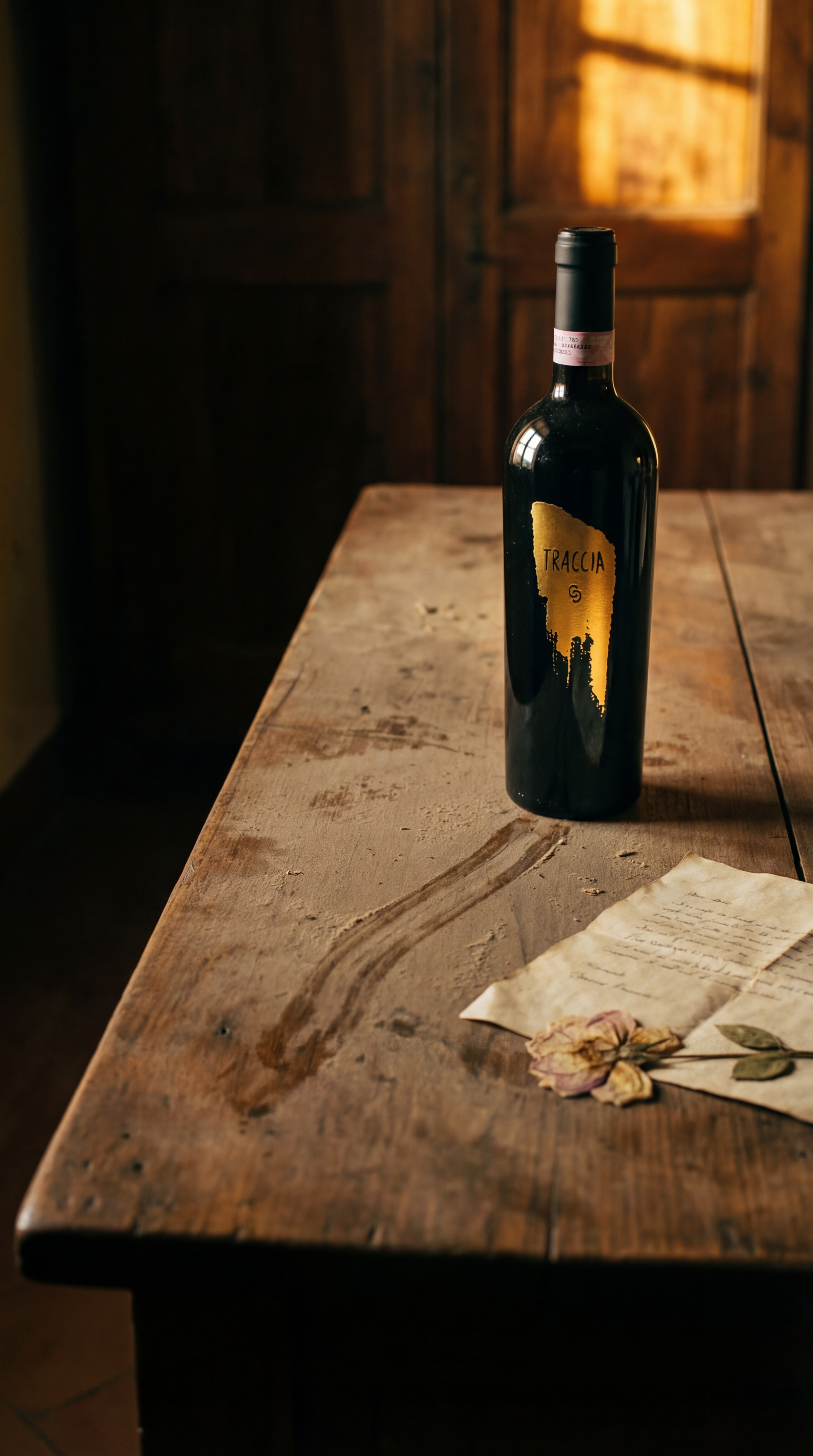 Bottiglia Traccia su tavolo rustico con luce naturale laterale